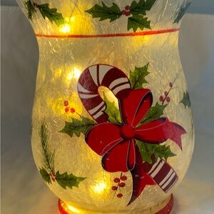 Festive Holiday Glass Vase with Red Candy Cane Design battery operated lights